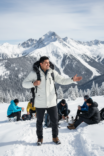 Latino man on snowy mountain trail wearing fur hooded parka coat