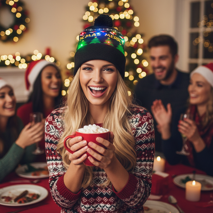 LED Christmas beanie with XMAS MERRY design at holiday party