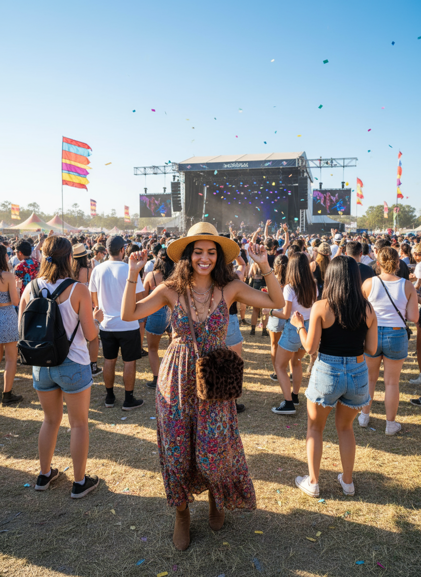 Leopard Plush Crossbody Bag Festival Scene