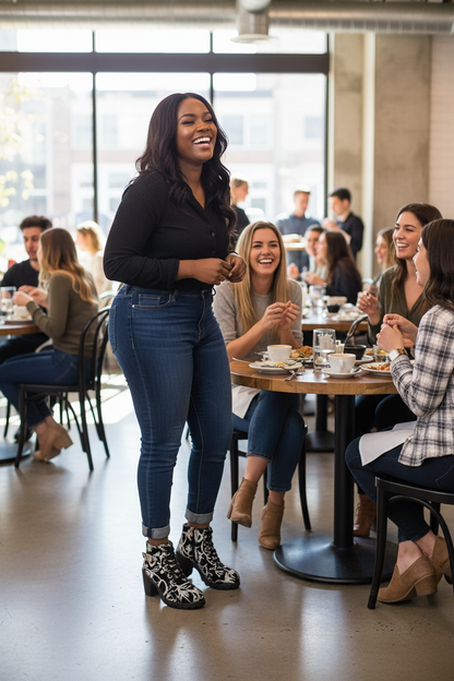 Leopard print ankle boots brunch spot lifestyle