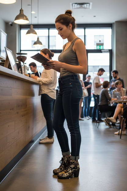 Leopard print ankle boots urban coffee shop lifestyle