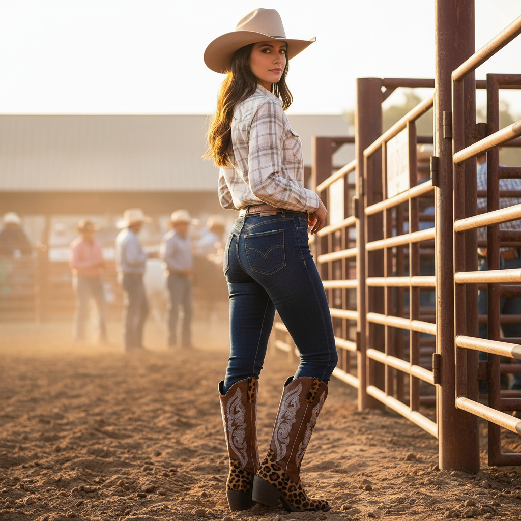 Leopard print cowgirl boots at rodeo - brunette woman back view
