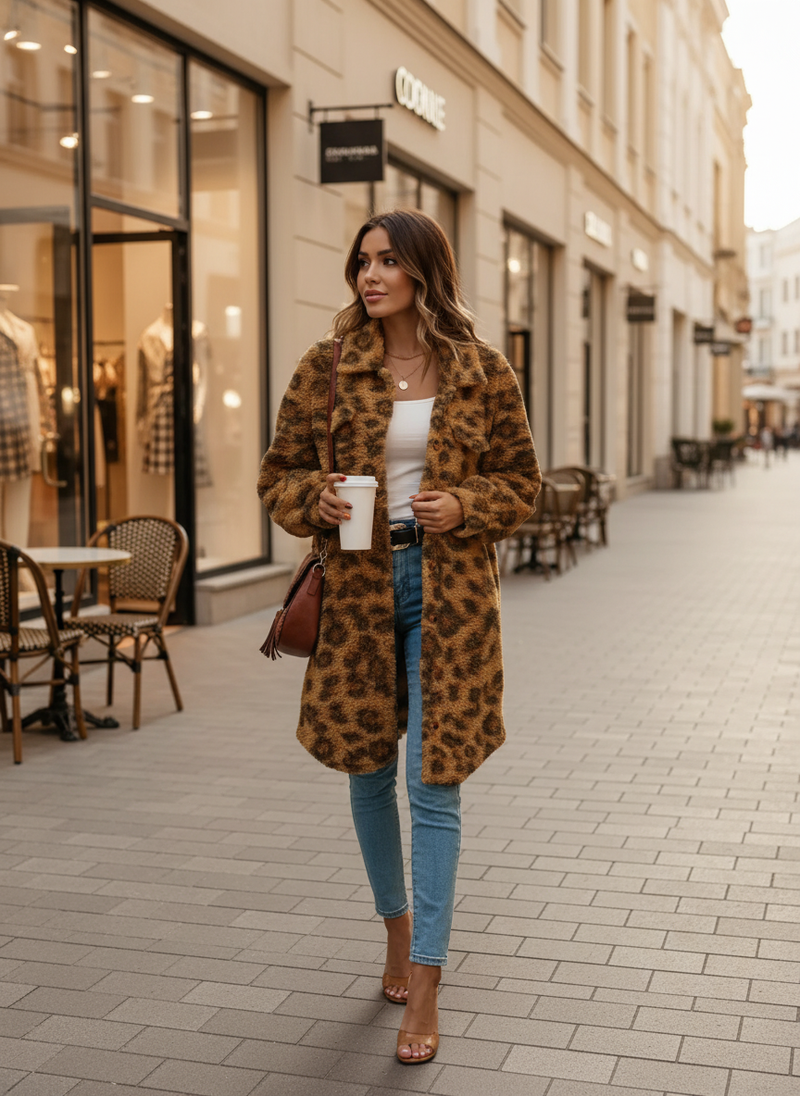 Leopard Print Fuzzy Coat - Shopping District Scene