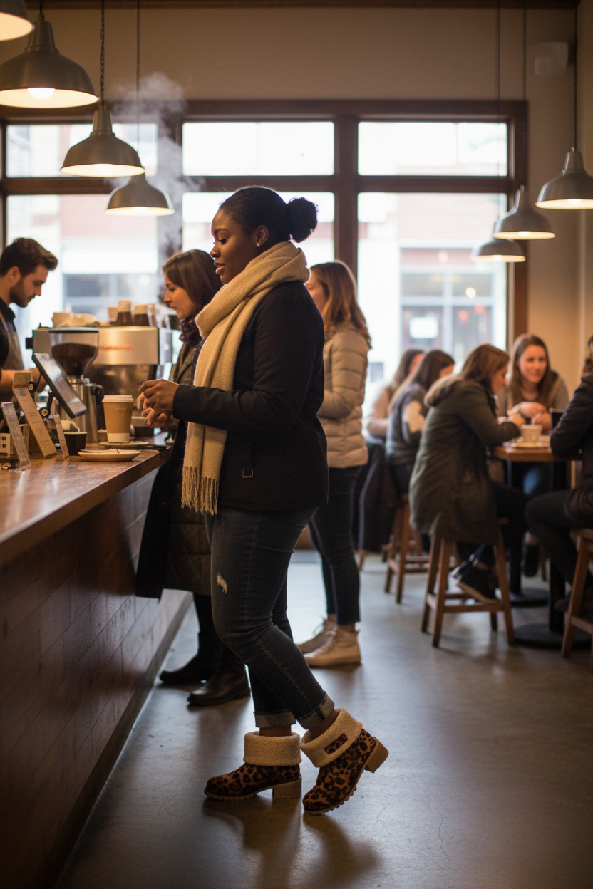 Leopard print plush boots coffee shop lifestyle