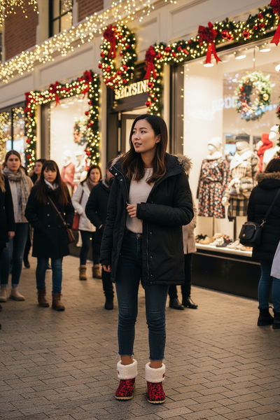 Leopard print plush boots shopping district lifestyle