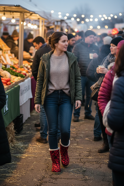 Leopard print plush boots winter farmers market