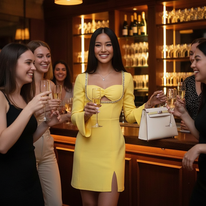 Lifestyle image for Square Necktie With Diamond Fine Glitter Sexy Slit Long Sleeve Dress