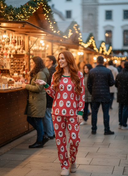 Lifestyle image for Stripe Christmas Print Henley V Neck Pullover and Pants Lounge Set