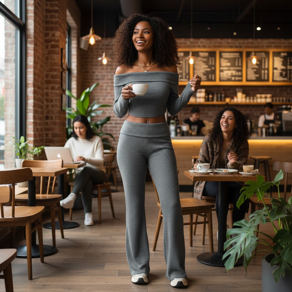 Lifestyle image for Women's Solid Color Off-Shoulder Long Sleeve Top And Flared Pants Set