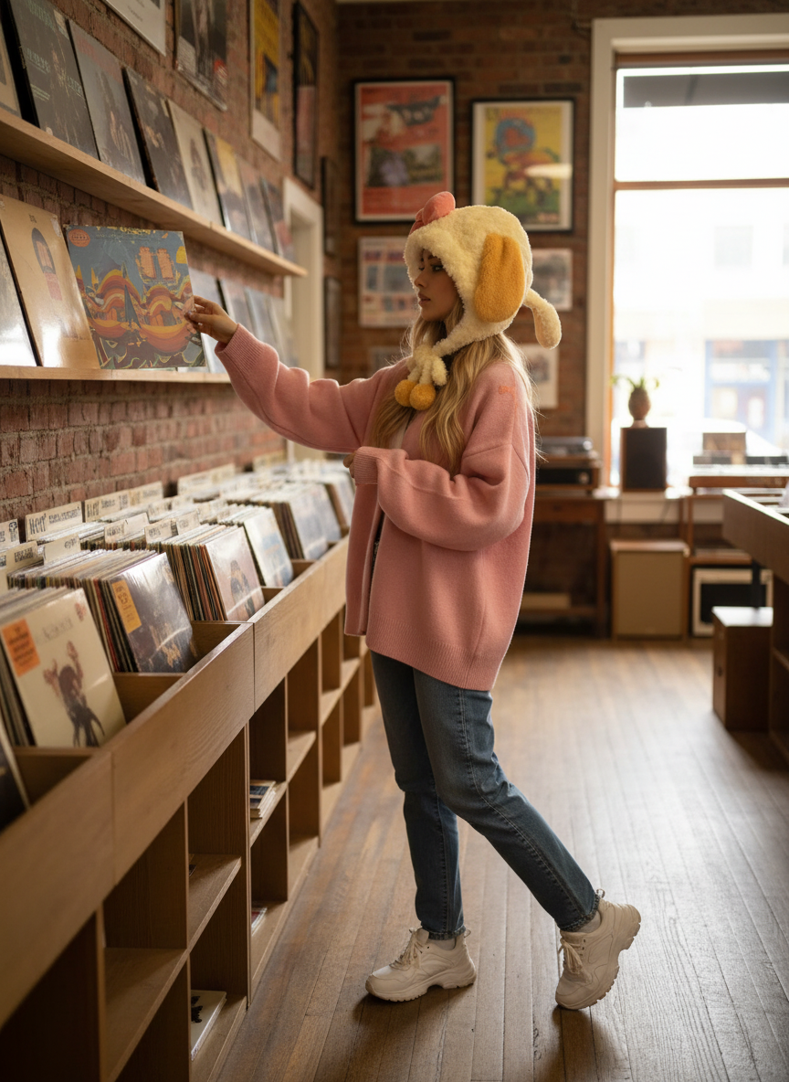 Lifestyle image of cute plush animal ear hat with bow