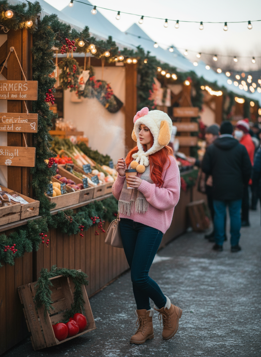 Lifestyle image of fuzzy plush animal ear winter hat