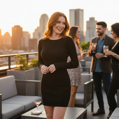 Lifestyle image of knit solid bodycon long sleeve textured dress