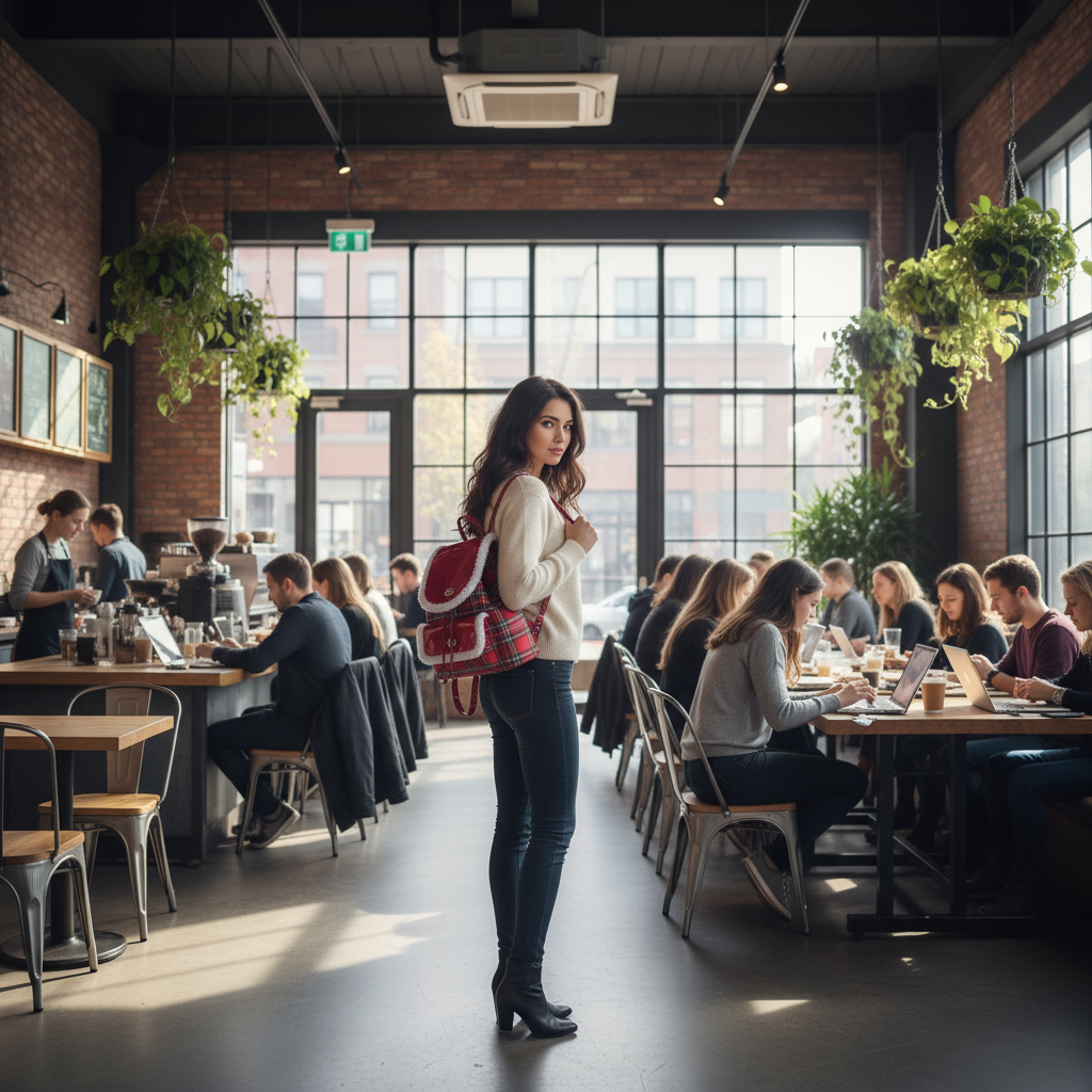Lifestyle image of red plaid handbag at urban coffee shop