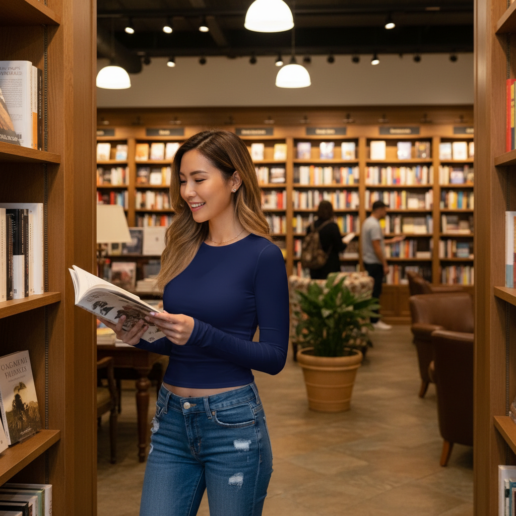 Lifestyle image of round neck solid long sleeve slim fit shirt