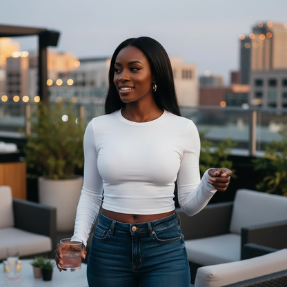 Lifestyle image of round neck solid long sleeve slim fit shirt