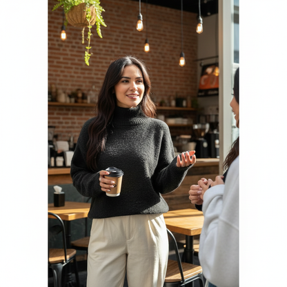 Lifestyle image of soft knit roll neck long sleeves sweater