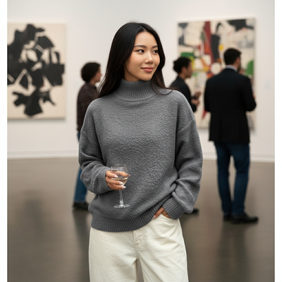 Lifestyle image of soft knit roll neck long sleeves sweater