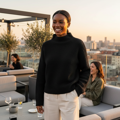 Lifestyle image of soft knit roll neck long sleeves sweater