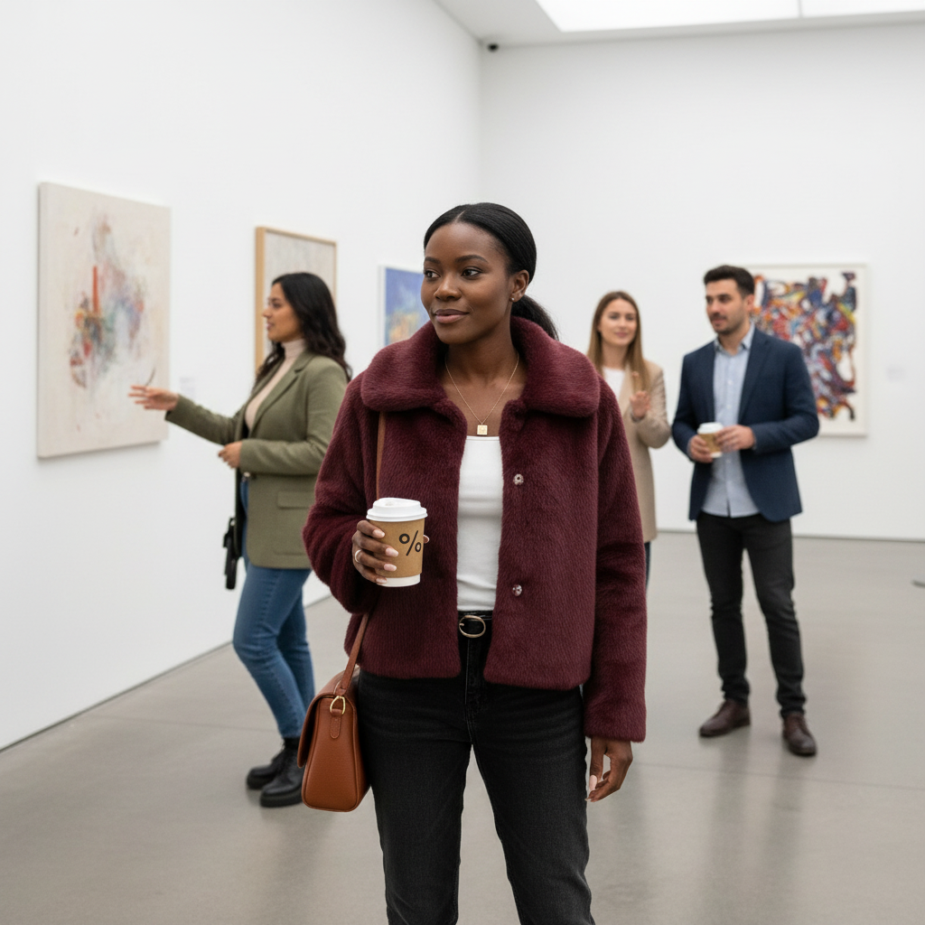 Lifestyle image of solid button faux fur crop jacket