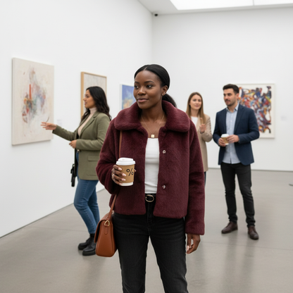 Lifestyle image of solid button faux fur crop jacket