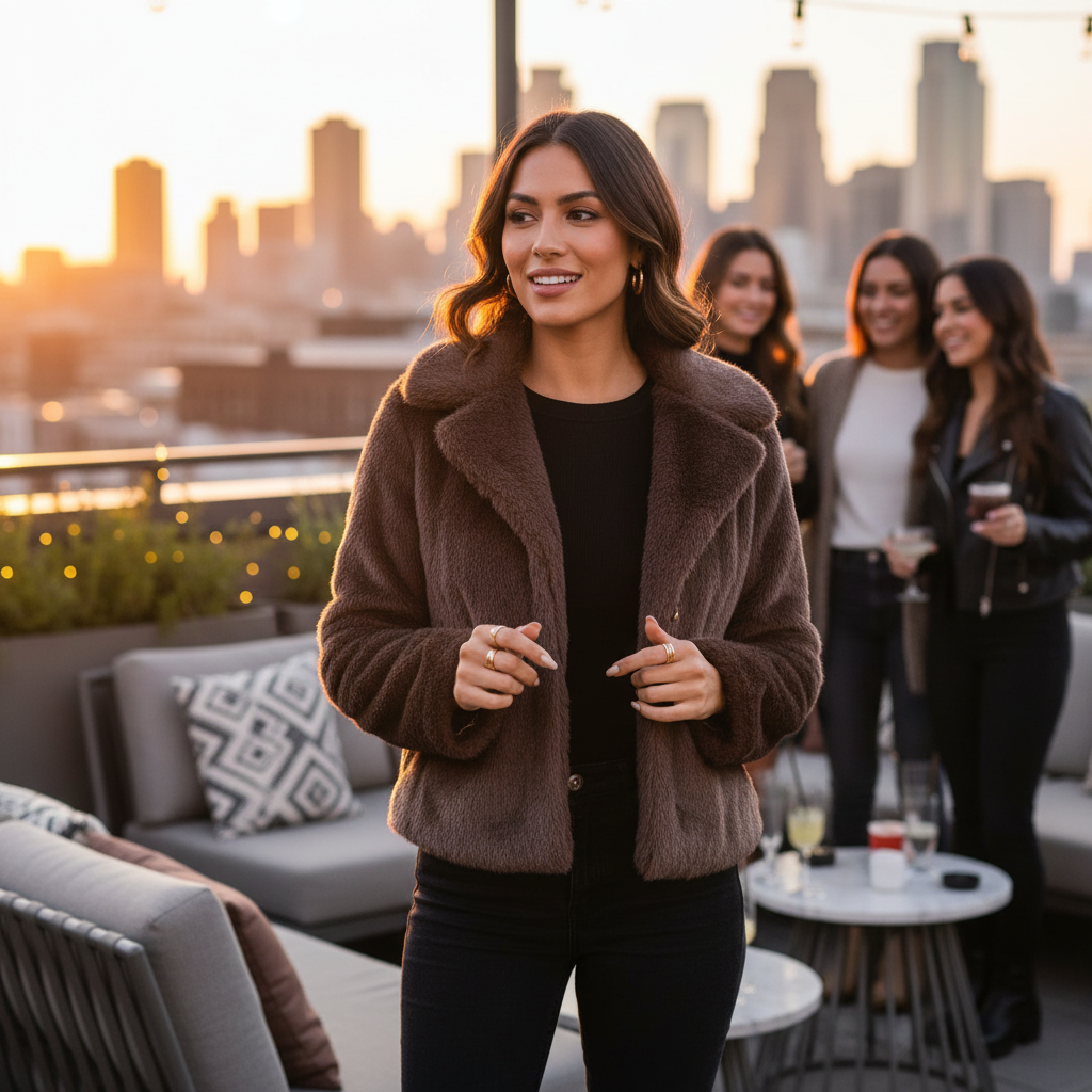 Lifestyle image of solid button faux fur crop jacket