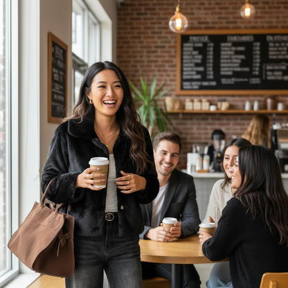 Lifestyle image of solid button faux fur crop jacket
