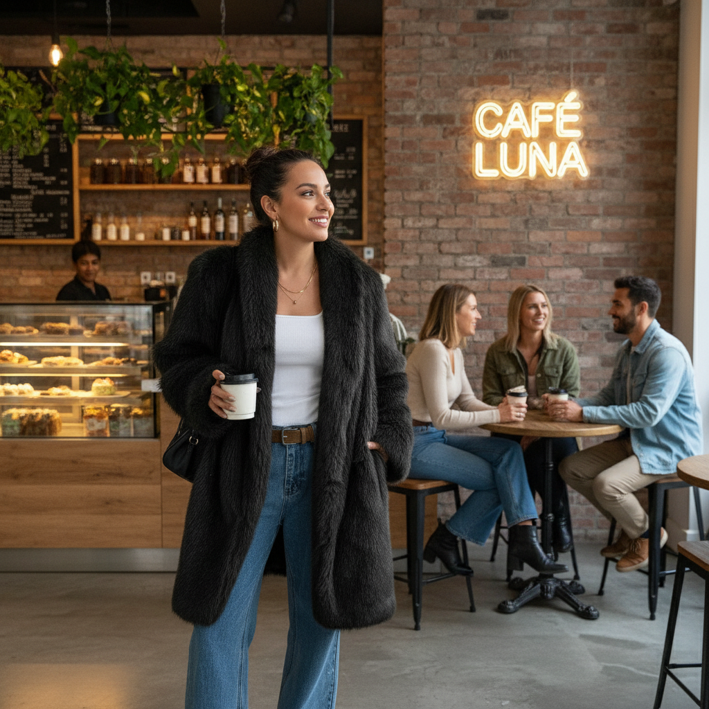 Lifestyle image of solid fluffy faux fur shaggy long body outwear