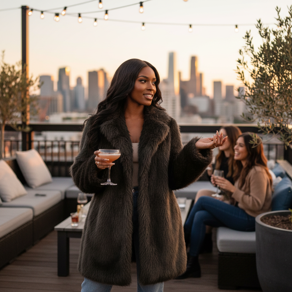 Lifestyle image of solid fluffy faux fur shaggy long body outwear