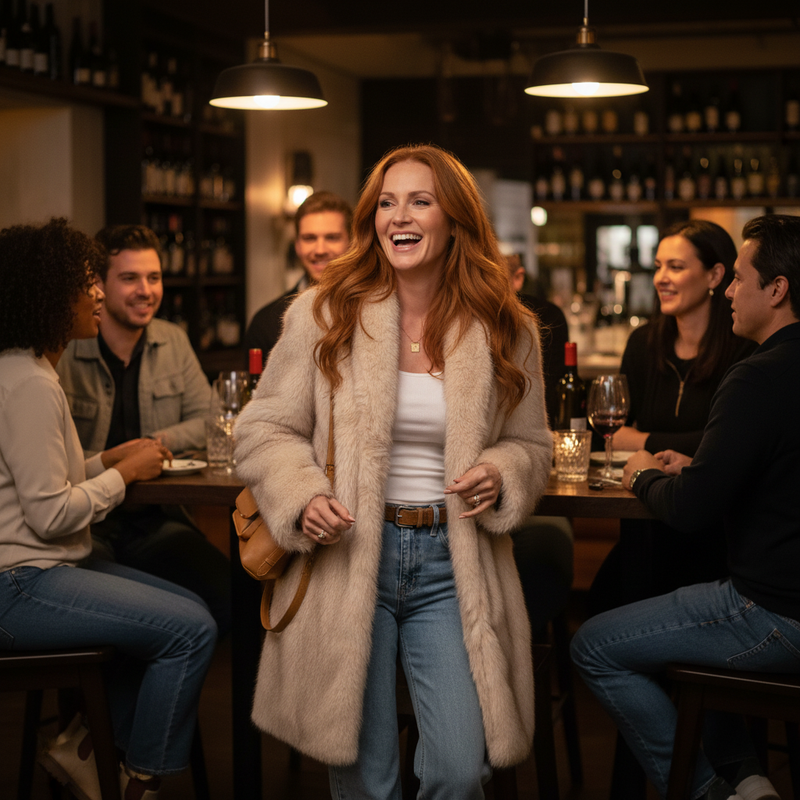 Lifestyle image of solid fluffy faux fur shaggy long body outwear