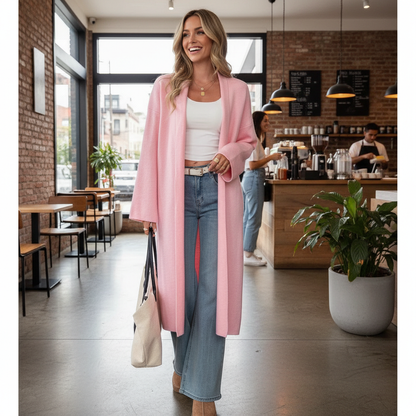 Lifestyle image of solid open front knit long body cardigan