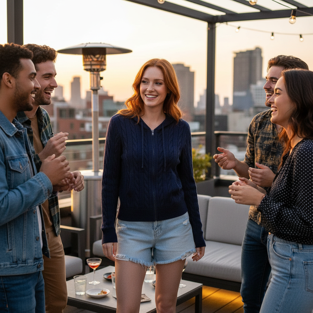 Lifestyle image of solid pocket cable knit hooded jacket