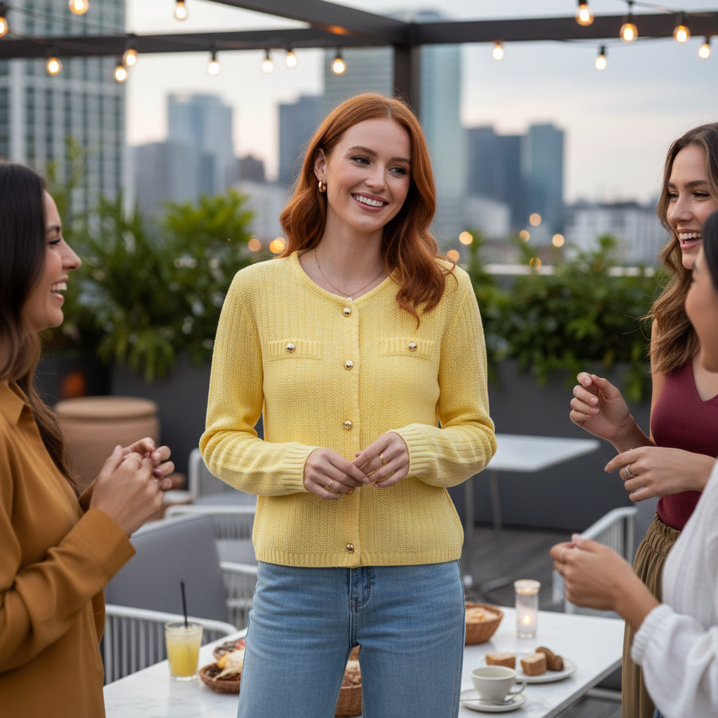 Lifestyle image of v neck cropped long sleeve texture knit sweater in yellow