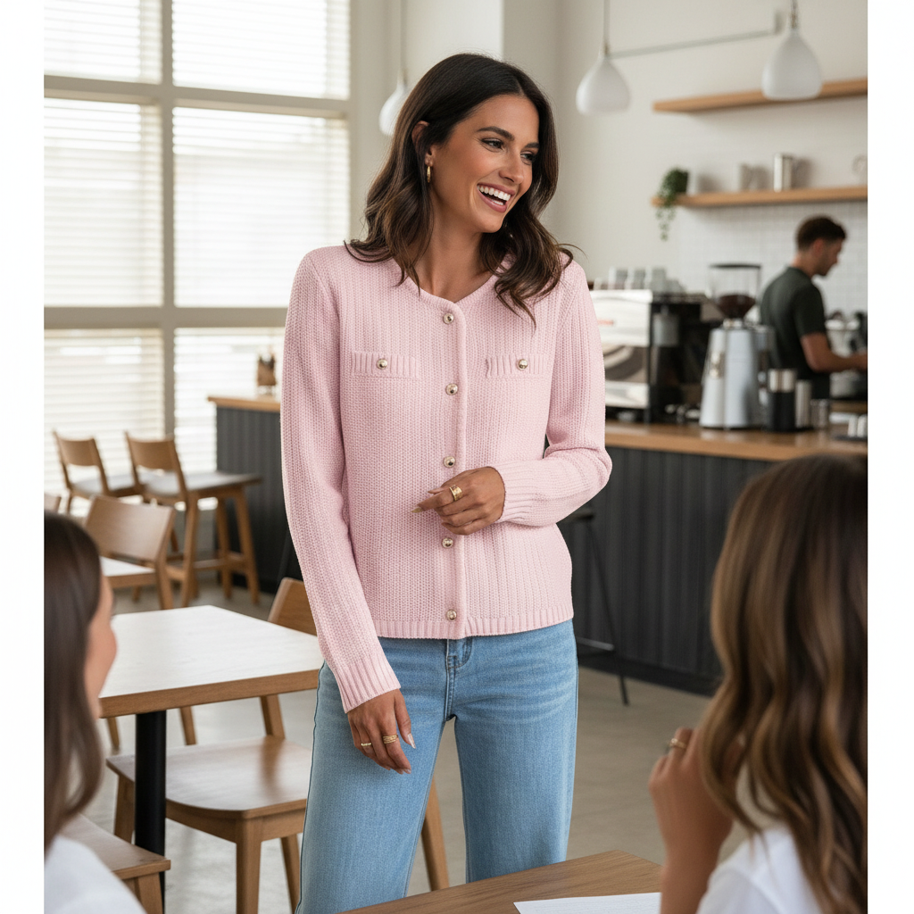 Lifestyle image of v neck cropped long sleeve texture knit sweater