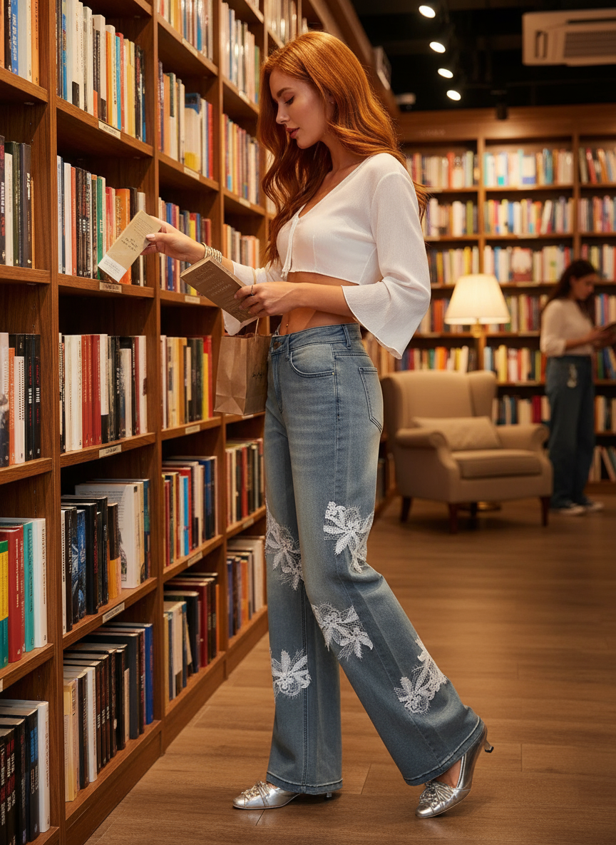 Light Blue Lace Detail Wide Leg Jeans Bookstore