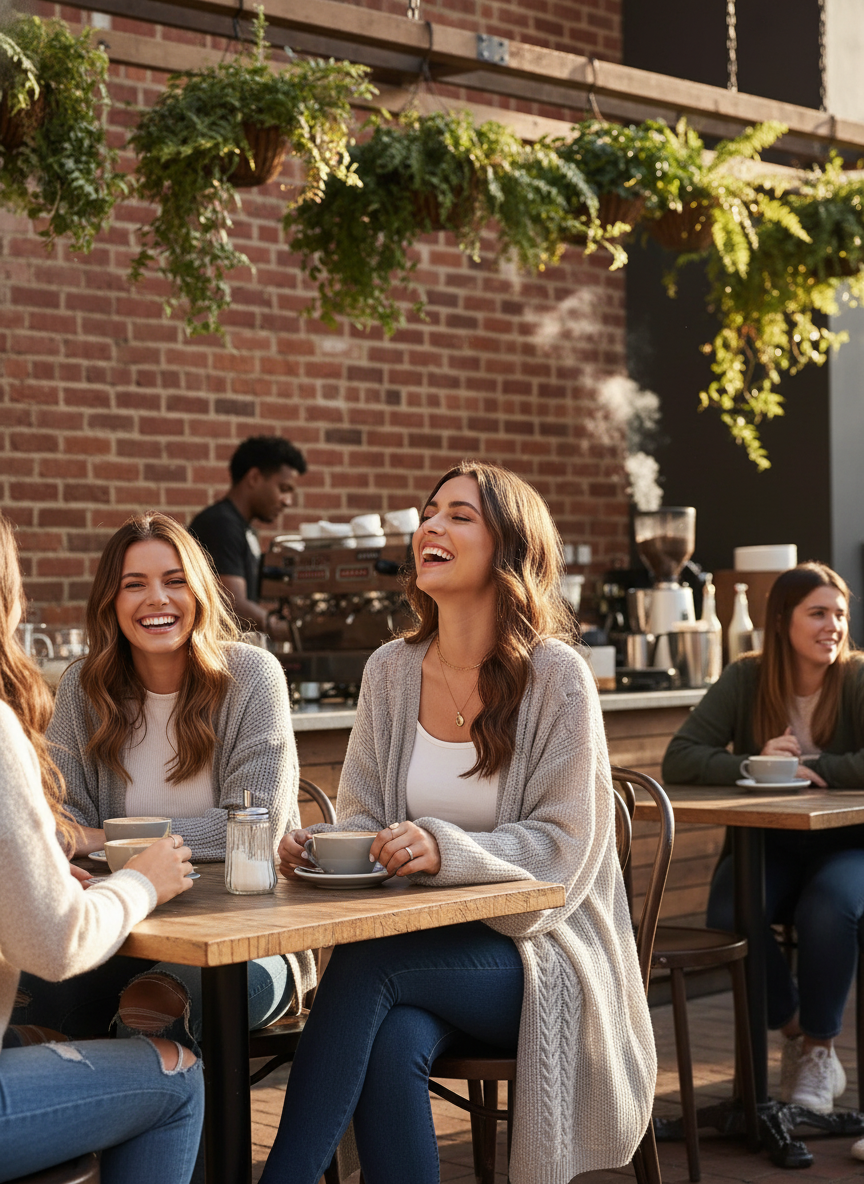 Light gray cable knit - brunette at cafe with friends