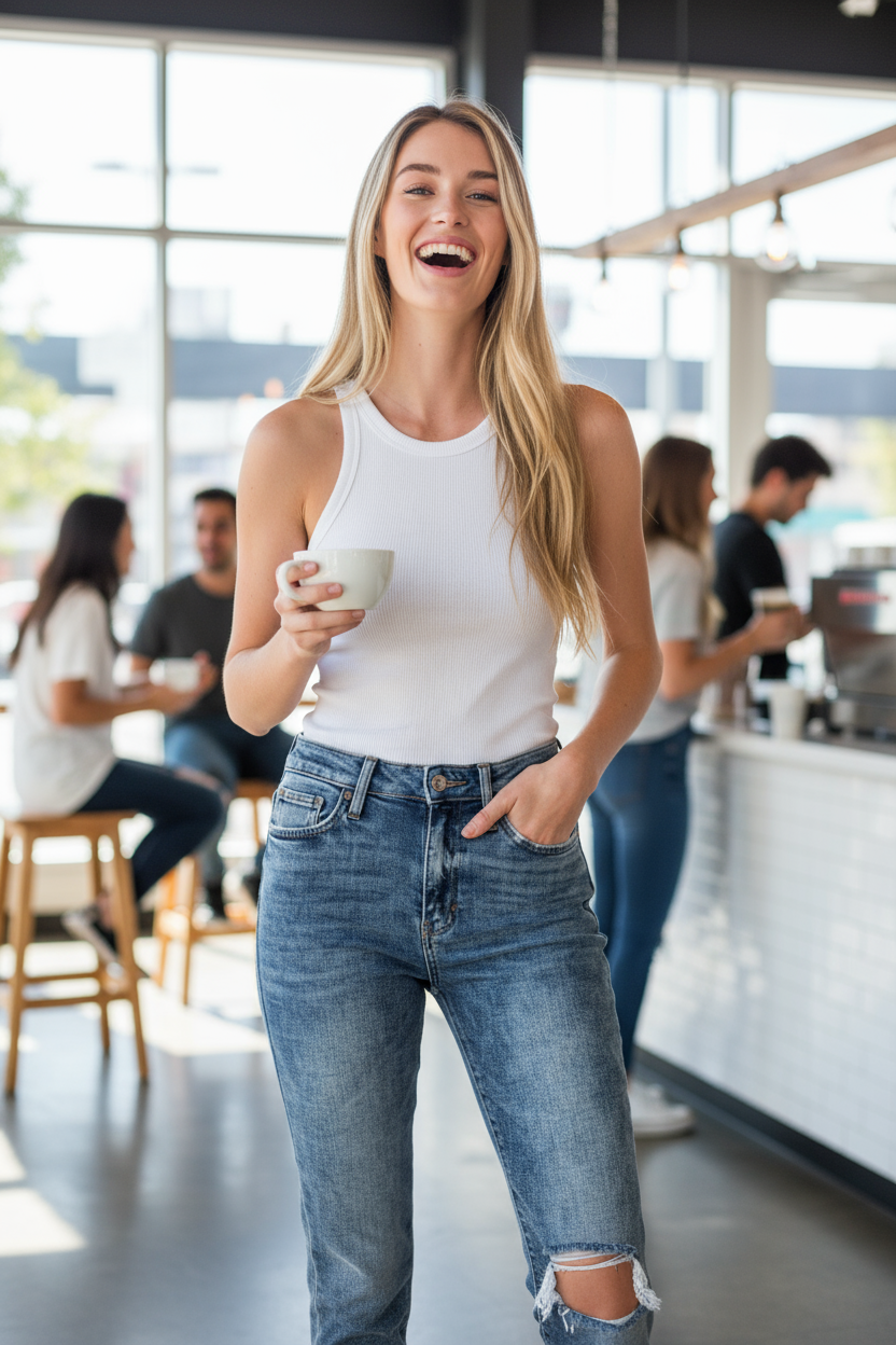 Light stone wash mom jeans at coffee shop - front view