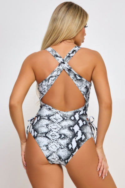 CCWHOLESALECLOTHING snake print one piece swimsuit with crisscross back open cutout and side ties