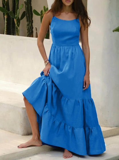 Flowy Blue Tiered Maxi Cami Dress - Summer Backless Dress - Fashions Envy
