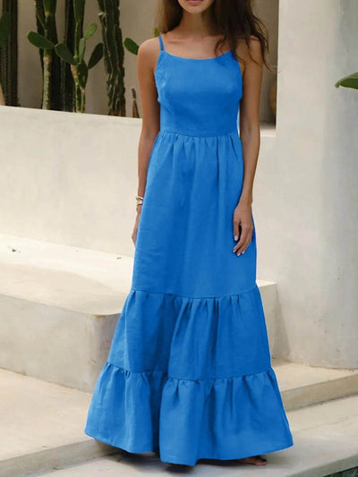 Flowy Blue Tiered Maxi Cami Dress - Summer Backless Dress - Fashions Envy