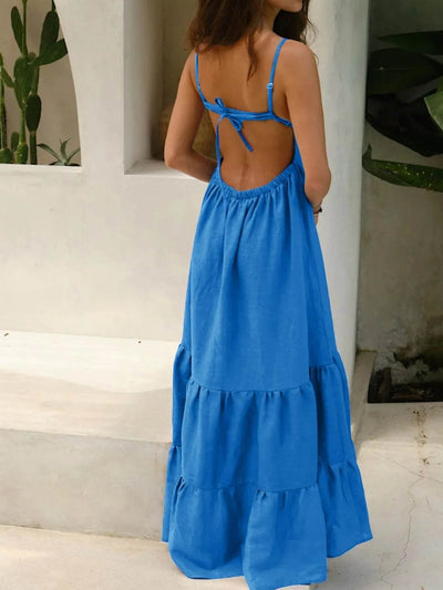 Flowy Blue Tiered Maxi Cami Dress - Summer Backless Dress - Fashions Envy