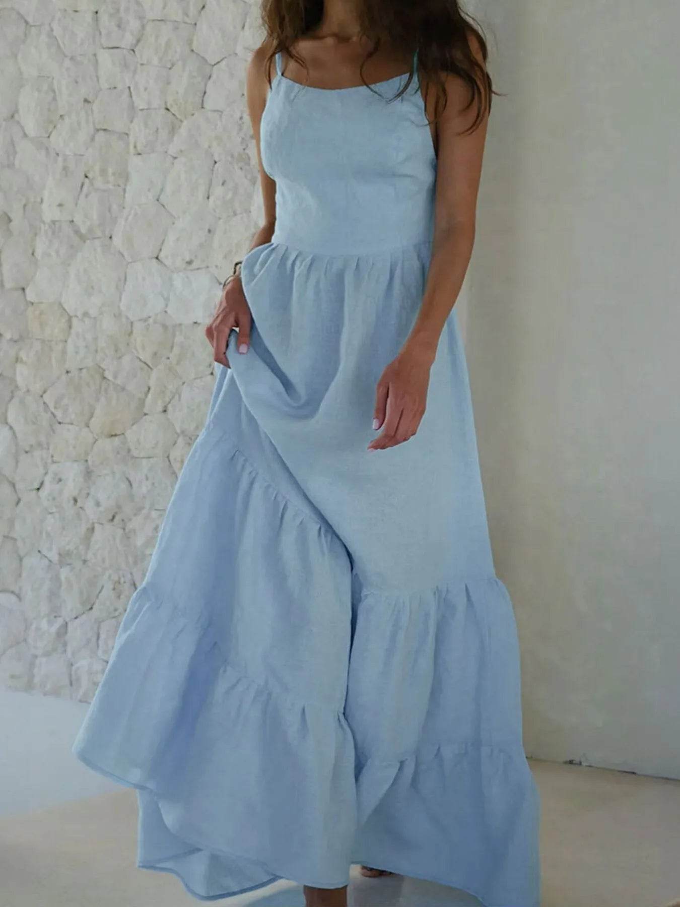 Flowy Blue Tiered Maxi Cami Dress - Summer Backless Dress - Fashions Envy