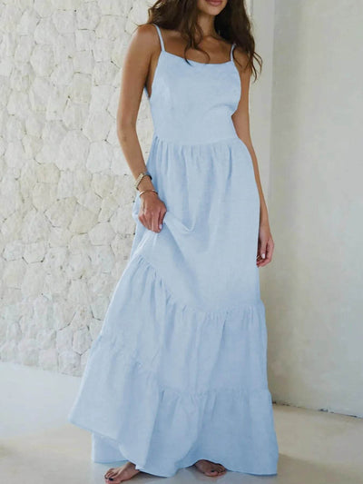 Flowy Blue Tiered Maxi Cami Dress - Summer Backless Dress - Fashions Envy