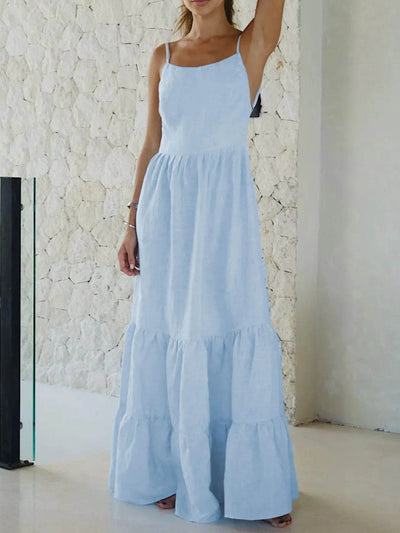 Flowy Blue Tiered Maxi Cami Dress - Summer Backless Dress - Fashions Envy