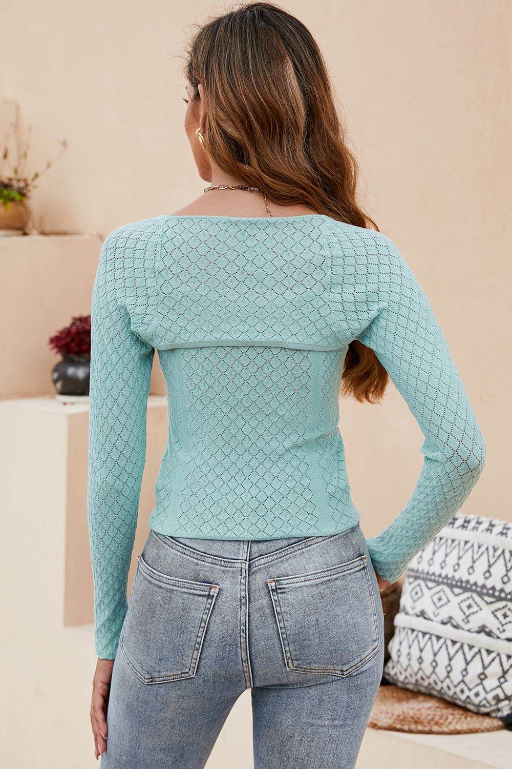 Trendsi Long Sleeve Knit Top in Mint Green with Textured Design, Perfect for Casual Outfits