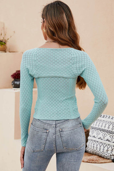 Trendsi Long Sleeve Knit Top in Mint Green with Textured Design, Perfect for Casual Outfits