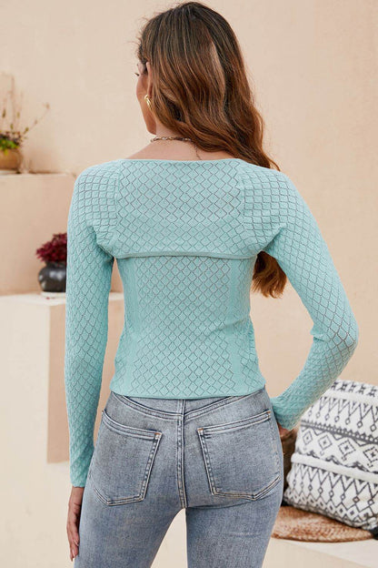 Trendsi Long Sleeve Knit Top in Mint Green with Textured Design, Perfect for Casual Outfits