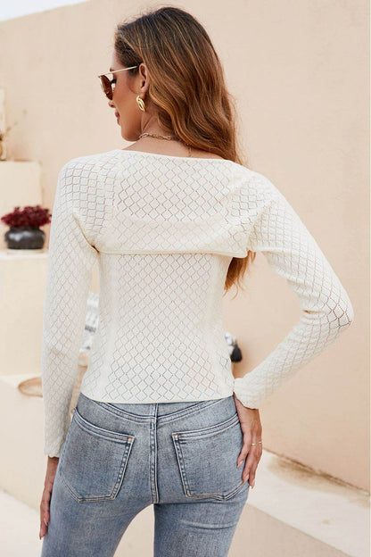 Trendsi Long Sleeve Knit Top in cream with textured pattern, perfect for stylish layering