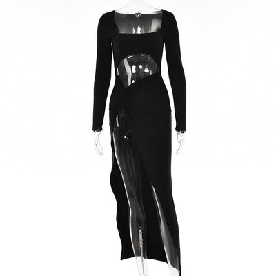 Trendsi Long Sleeve Side Cutout Maxi Dress in black with asymmetric hem on clear mannequin