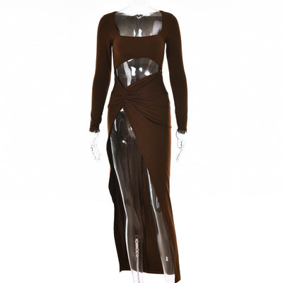 Trendsi long sleeve side cutout maxi dress in brown with knotted waist and high slit