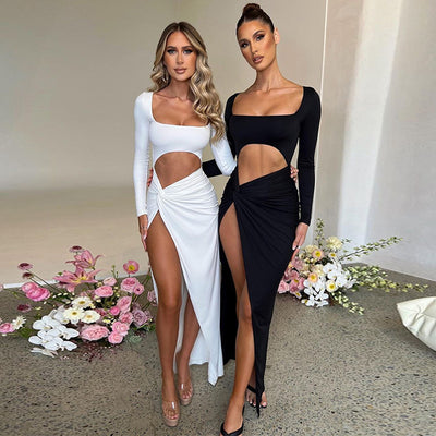 Trendsi long sleeve side cutout maxi dress in white and black with high slit worn by two models
